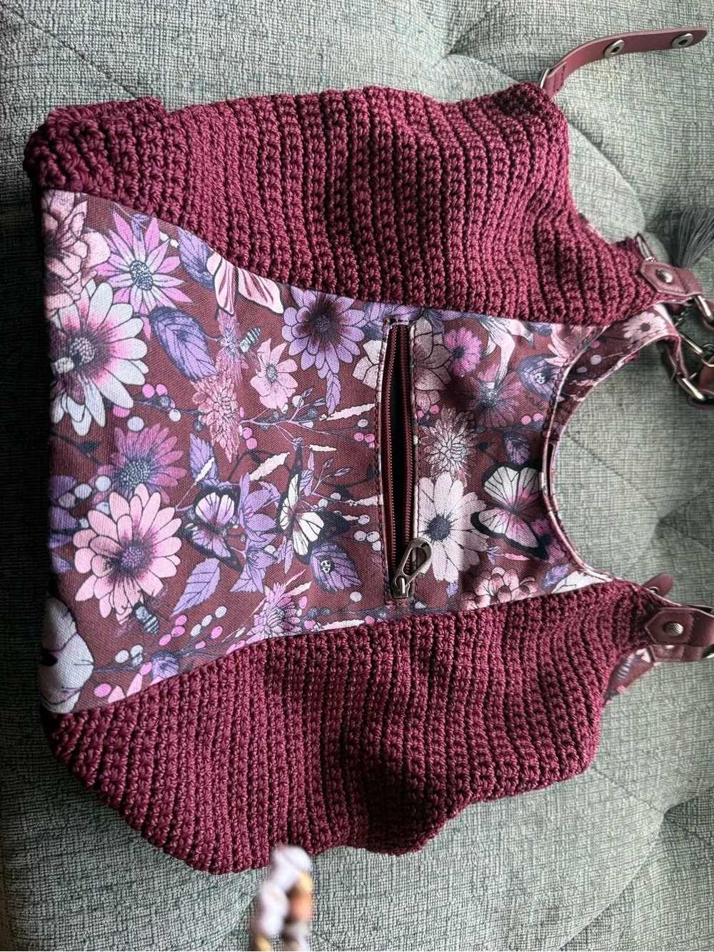 Sakroots Burgundy and Pink Floral Crochet Hobo Bag